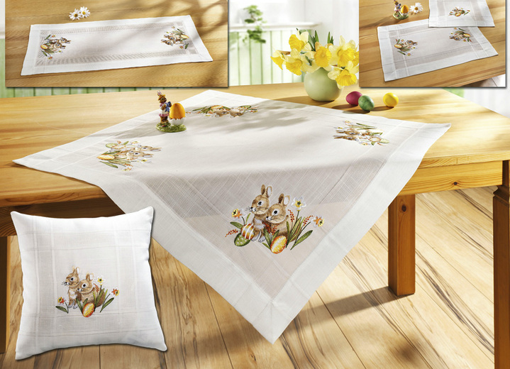 Woontextiel - Tafel- en kamerdecoratie met hazenmotief, in Größe 102 (loper, 40 x 85 cm) bis 404 (Kussensloop, 40 x 40 cm), in Farbe SECT-MEERKLEURIG