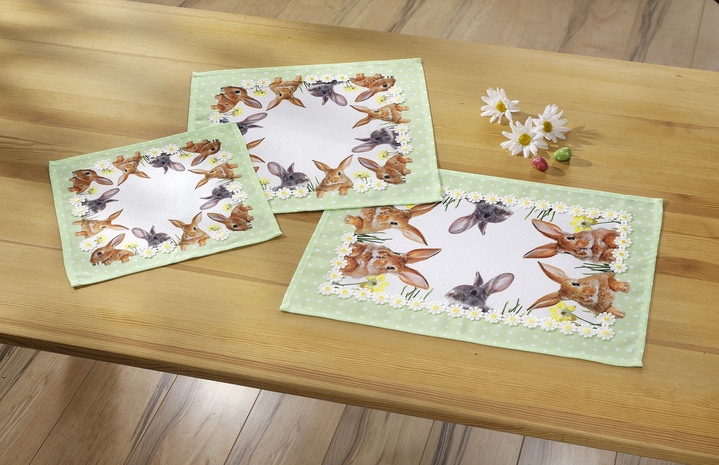 - Tafel- en kamerdecoratie met konijnenmotieven, in Größe 101 (2 x placemats, 35 x 50 cm) bis 250 (tafellaken rond, ؠ150 cm), in Farbe WIT-MULTICOLOR