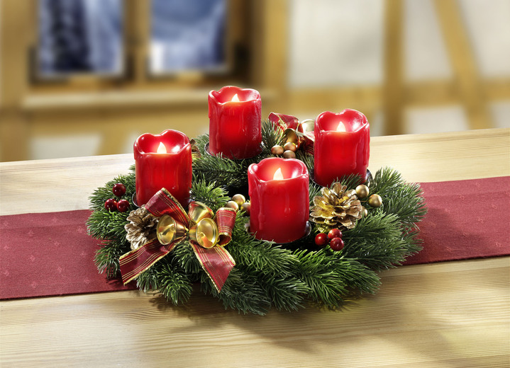 - Adventskrans met echte waskaarsen met led, in Farbe ROOD