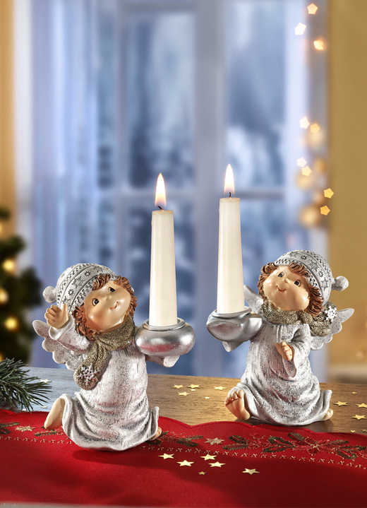 Kerstmis - Engelenkandelaar van polyresin, set van 2, in Farbe ZILVER Ansicht 1