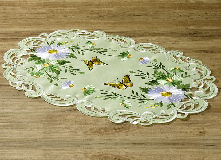 Woontextiel - Tafel- en kamerdecoratie met bloemen en vlinders, in Größe 101 (Kleedje ovaal, 35 x 50 cm) bis 404 (Kussensloop, 40 x 40 cm), in Farbe GROEN Ansicht 1
