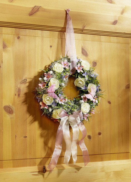 Pasen - Wandkrans met ranonkels en roze bloemen, in Farbe GROEN-WIT