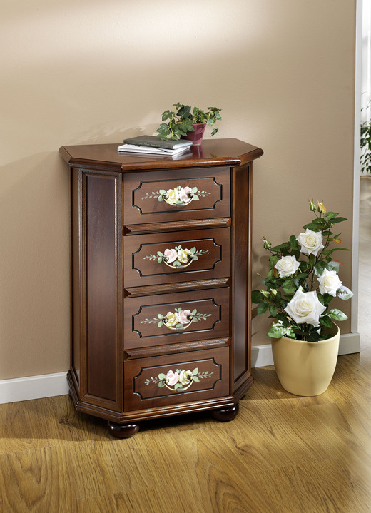 Meubels - Stijlvolle ladekast met handgeschilderde bloemendecoratie, in Farbe NOTENBOOM, in Ausführung Commode met schuifladen