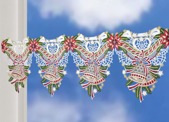 Korte gordijnen - Paaldecoratie met kerstmotieven, in Größe 628 (24 x 37 cm) bis 647 (24 x 93 cm), in Farbe WIT, in Ausführung kerstklokken