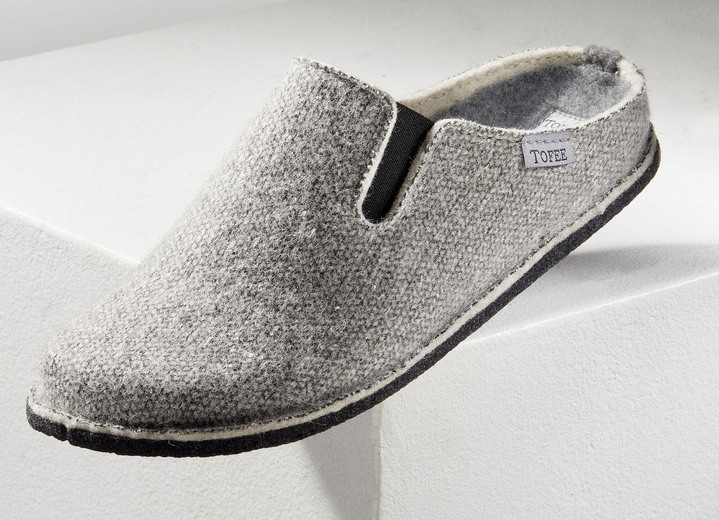 Huisschoenen - Herenpantoffels van wolvilt, in Größe 039 bis 046, in Farbe LICHTGRIJS Ansicht 1