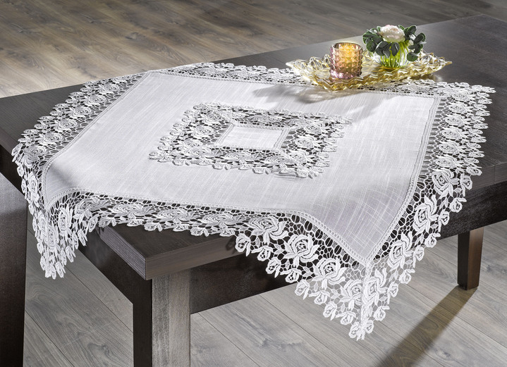 Woontextiel - Tafel- en kamerdecoratie met kanten rand, in Größe 101 (Kleedje, 35 x 50 cm) bis 404 (Kussensloop, 40 x 40 cm), in Farbe SEKT Ansicht 1