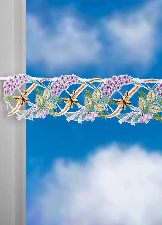 Korte gordijnen - Paalversiering lila van echt Plauenkant, in Größe 628 (H15xB 40 cm) bis 660 (H15xW115 cm), in Farbe MEERKLEURIG Ansicht 1