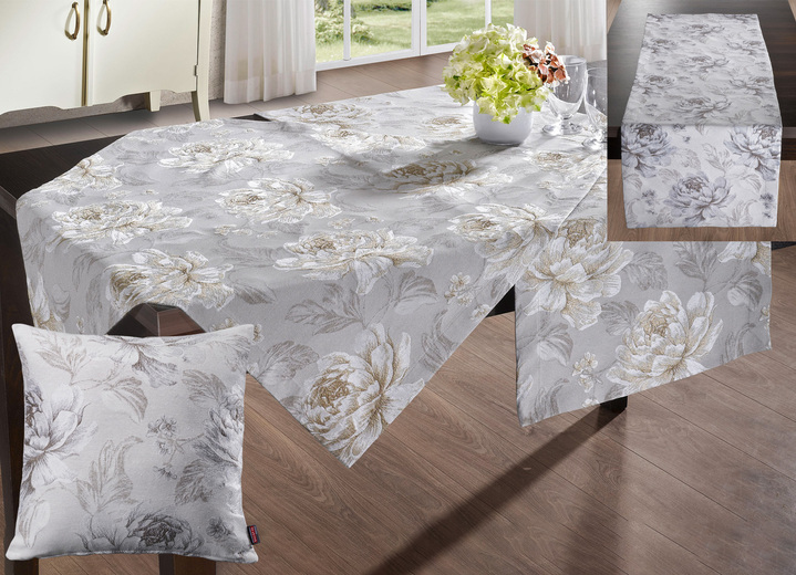 Woontextiel - Tafelkleed of kussensloop met een bloemmotief, in Größe 102 (Loper, 40 x 100 cm) bis 404 (Kussensloop, 40 x 40 cm), in Farbe BEIGE-GOUD
