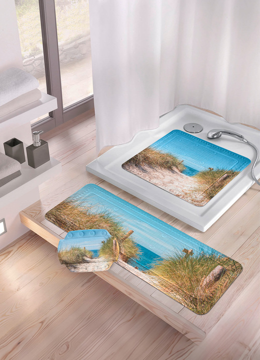 Badkamer-accessories - Veiligheidsinlegzolen met stranddesign, in Größe 300 (antislipmat douche, 55 x 55 cm) bis 302 (Nekkussen, 32 x 22 cm), in Farbe MULTICOLOR