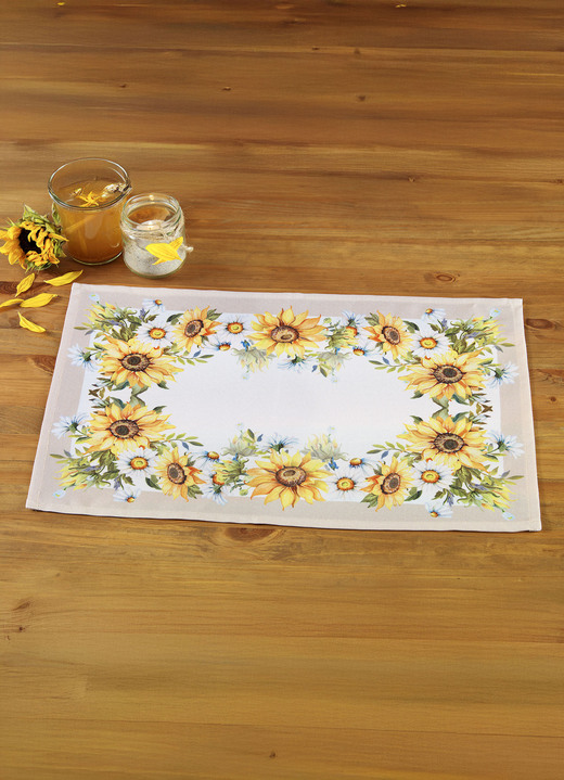 Woontextiel - Tafel- en kamerdecoratie met zonnebloemmotief, in Größe 101 (Kleedje, 35 x 50 cm) bis 404 (Kussensloop, 40 x 40 cm), in Farbe BUNT Ansicht 1