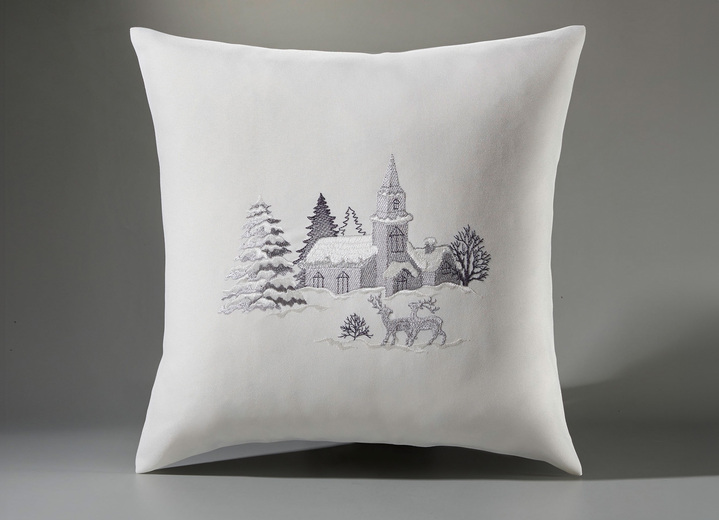 Woontextiel - Tafelkleed met een romantisch winterdorp-motief, in Größe 101 (2 x placemats, 35 x 50 cm) bis 404 (Kussensloop, 40 x 40 cm), in Farbe WOLWIT Ansicht 1