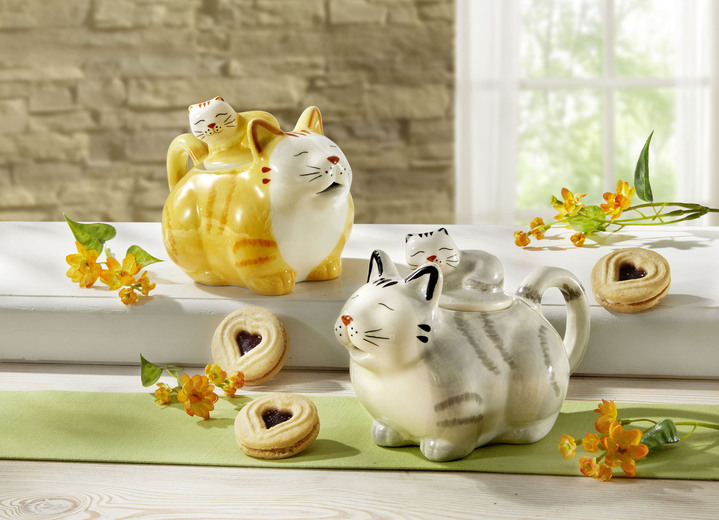 Woonaccessoires - Theepot in de vorm van een kat, in Farbe WEISS-GRAU Ansicht 1
