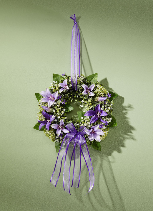 Kunst- & textielplanten - Wandkrans met charmant textiellint, in Farbe PAARS-GROEN Ansicht 1