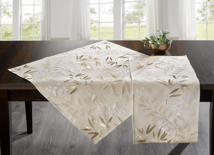 Woontextiel - Geborduurde tafel- en kamerdecoratie met gras- en bladmotief, in Größe 130 (2 Deckchen, 35x 50 cm) bis 404 (Kussensloop, 40 x 40 cm), in Farbe BEIGE Ansicht 1
