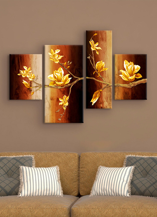 Schilderijen - Schilderijenset, 4-delig, tak met magnolia bloesems, in Farbe BRUIN-GOUD Ansicht 1