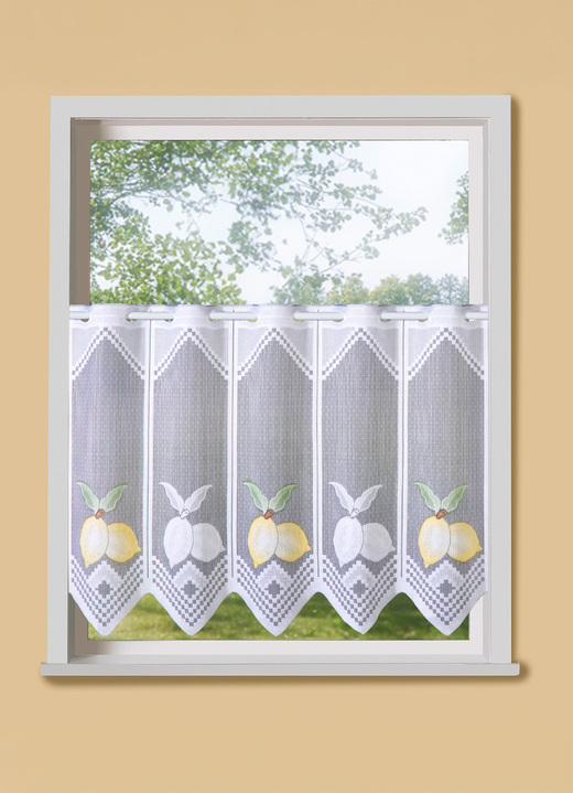 Korte gordijnen - Kleine etalagewinkel, in Größe 119 (H50xB90cm) bis 123 (H50xB195cm), in Farbe WEISS-GELB