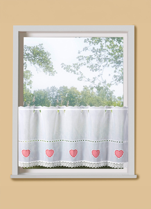 Korte gordijnen - Kort gordijn met macramé-afwerking en doortrekstang, in Größe 661 (H 30 x B 90 cm) bis 859 (H 60 x B 145 cm), in Farbe WEISS-ROT