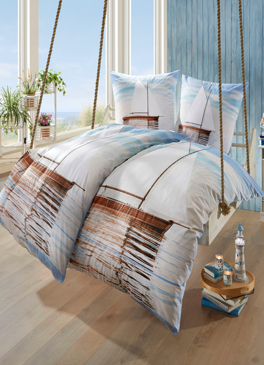 Beddengoed - Maritiem beddengoedset, in Größe 112 (80 x 80 cm + 135 x 200 cm) bis 115 (80 x 80 cm + 155 x 220 cm), in Farbe BLAUW