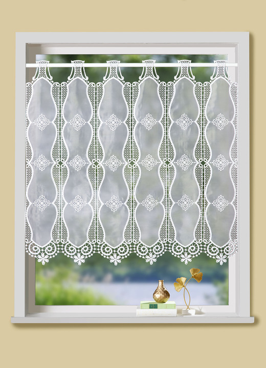 Korte gordijnen - Klein raamgordijn met macramé afwerking, in Größe 824 (H 45 x B 100 cm) bis 899 (H90xB200 cm), in Farbe WEISS