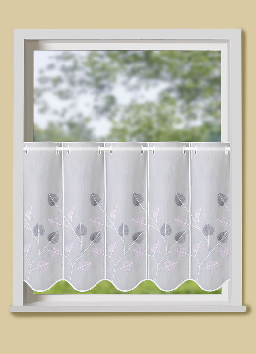 Korte gordijnen - Fijn geborduurd klein raamgordijn, in Größe 842 (H50xB 96 cm) bis 881 (H70xB160 cm), in Farbe WEISS-GRAU Ansicht 1