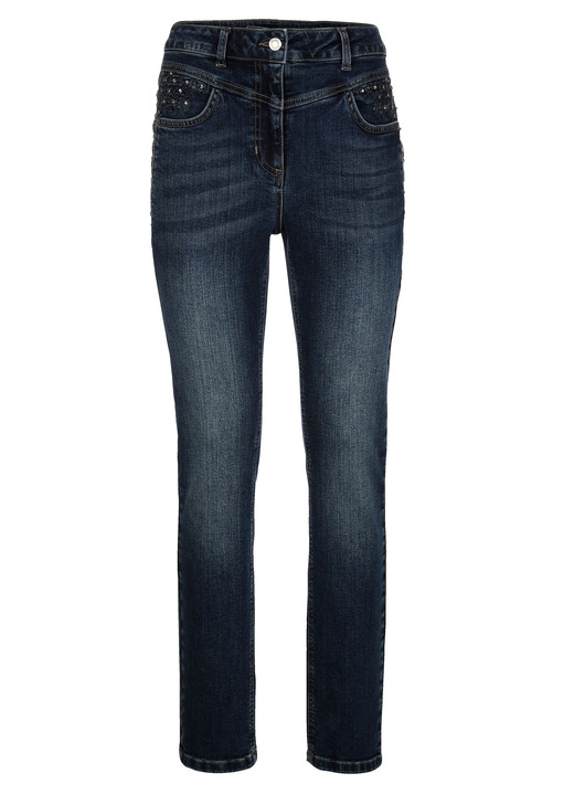 Broek met knoop- en ritssluiting - Jeans met strass steentjes en sierstiksels Broek met knoop- en ritssluiting - Jeans met strass steentjes en sierstiksels, in Größe 020 bis 052, in Farbe BLAU
