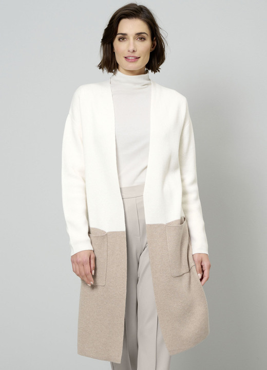 Gebreide jasjes - Lange kasjmier cardigan, in Größe 038 bis 052, in Farbe ECRU-TAUPE Ansicht 1