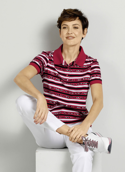 Korte mouw - Poloshirt met een gestreept all-over dessin, in Größe 046 bis 052, in Farbe ROOD-ZWART-WIT Ansicht 1