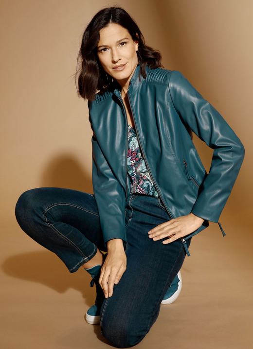 Kunstleren jacks - Kunstleren blazer met bies, in Größe 038 bis 052, in Farbe PETROL Ansicht 1