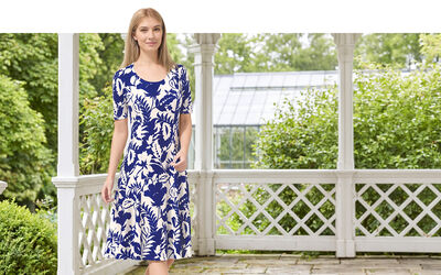 Een dame in een blauw-wit geruite jurk op een veranda
