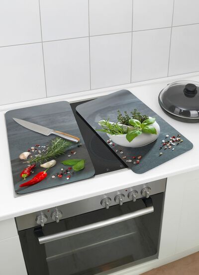 Glazen afdekplaten voor kachels, set van 2, kruidenkeukenmotief 