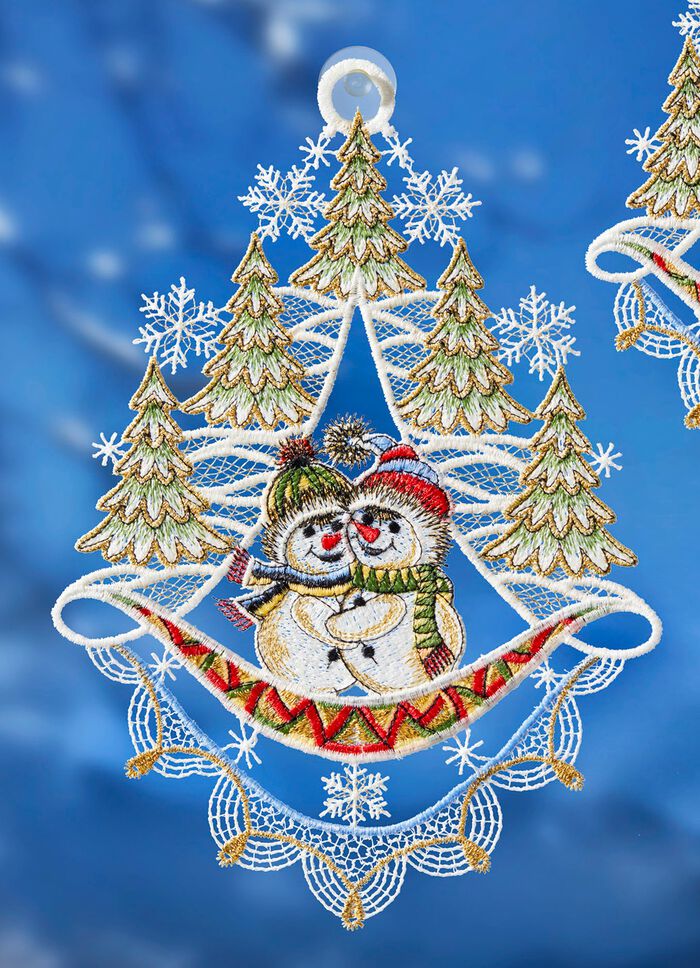 Raamafbeeldingen sneeuwpoppen gemaakt van echt Plauen-kant 