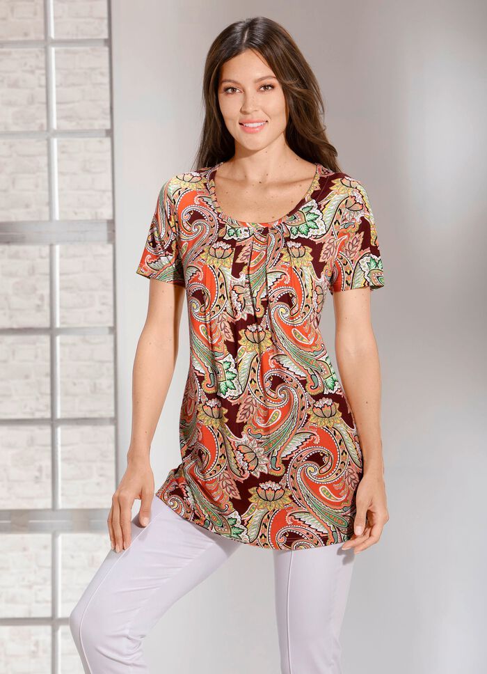 Lang shirt met all-over patroon BRUIN ECRU