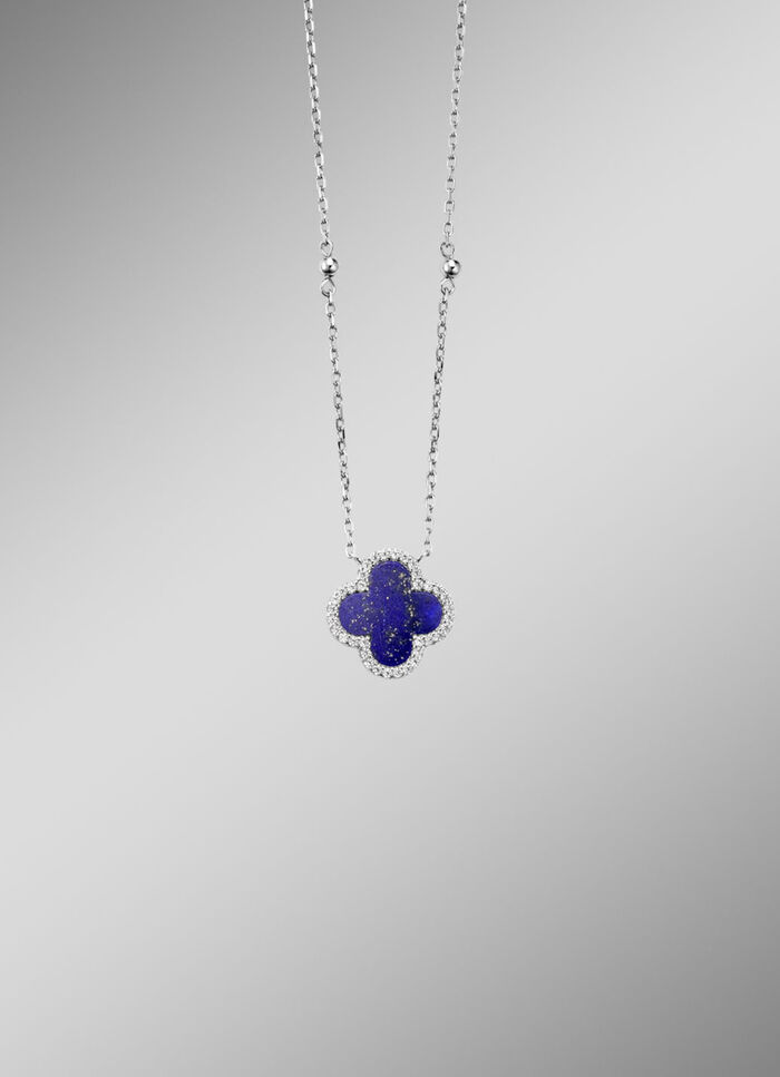 Klaverbladketting met echte lapis lazuli en synthetische zirkonia 