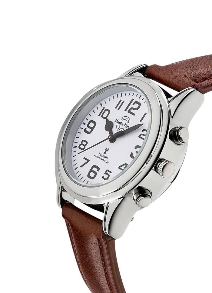 Radiogestuurd dameshorloge met leren band en spreektijdaanduiding 