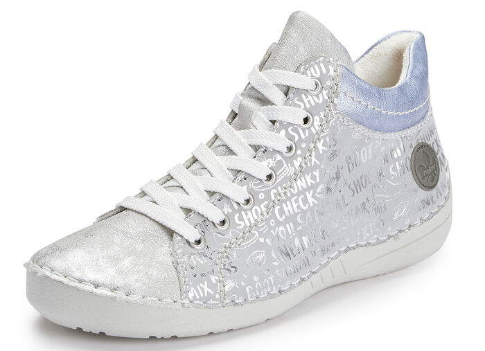 Rieker veterlaarsje van origineel bedrukt synthetisch materiaal ZILVER-GRIJS-BLAUW