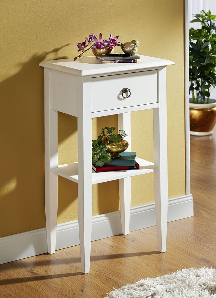 Deels massieve bijzettafel met lade en plank ANTIEKWIT