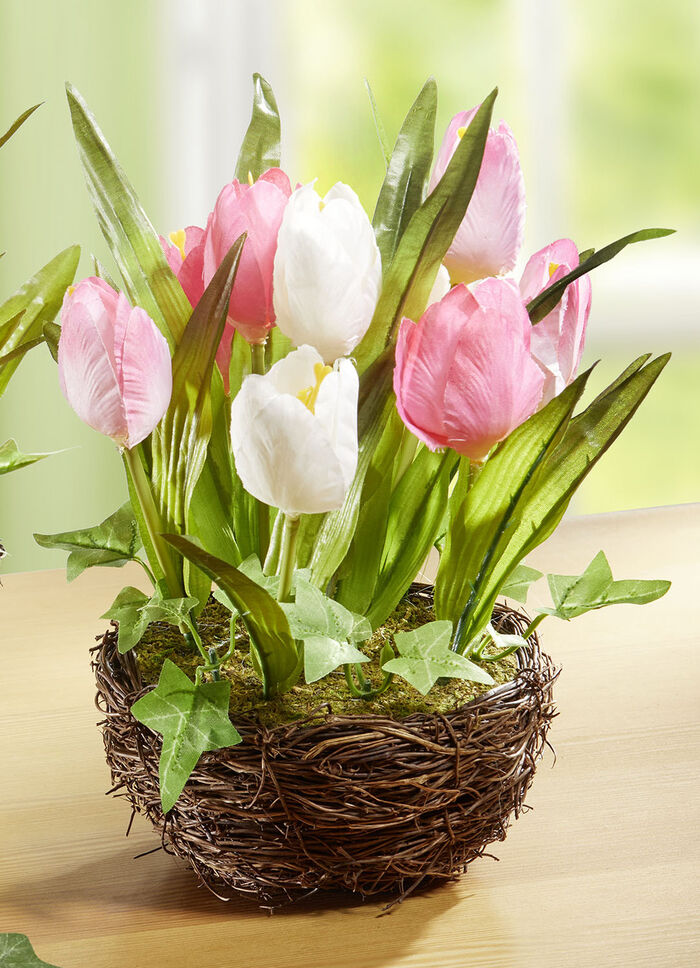 Tulpen in een rieten mand ROZE-WIT