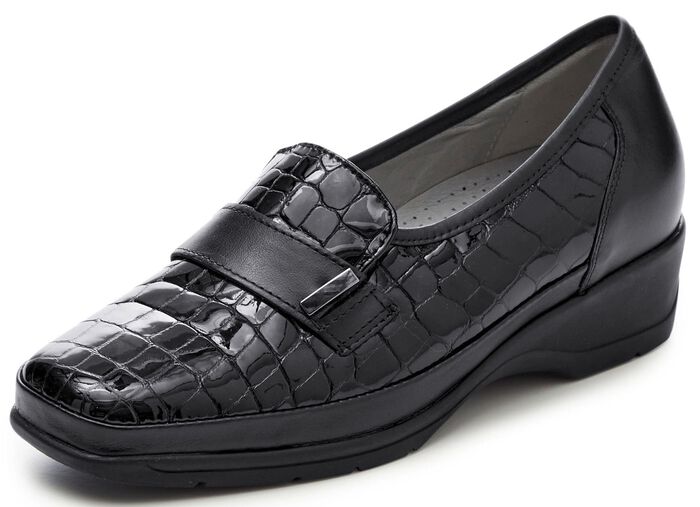 Waldl&auml;ufer pantoffels van leer met krokodillenreli&euml;f ZWART