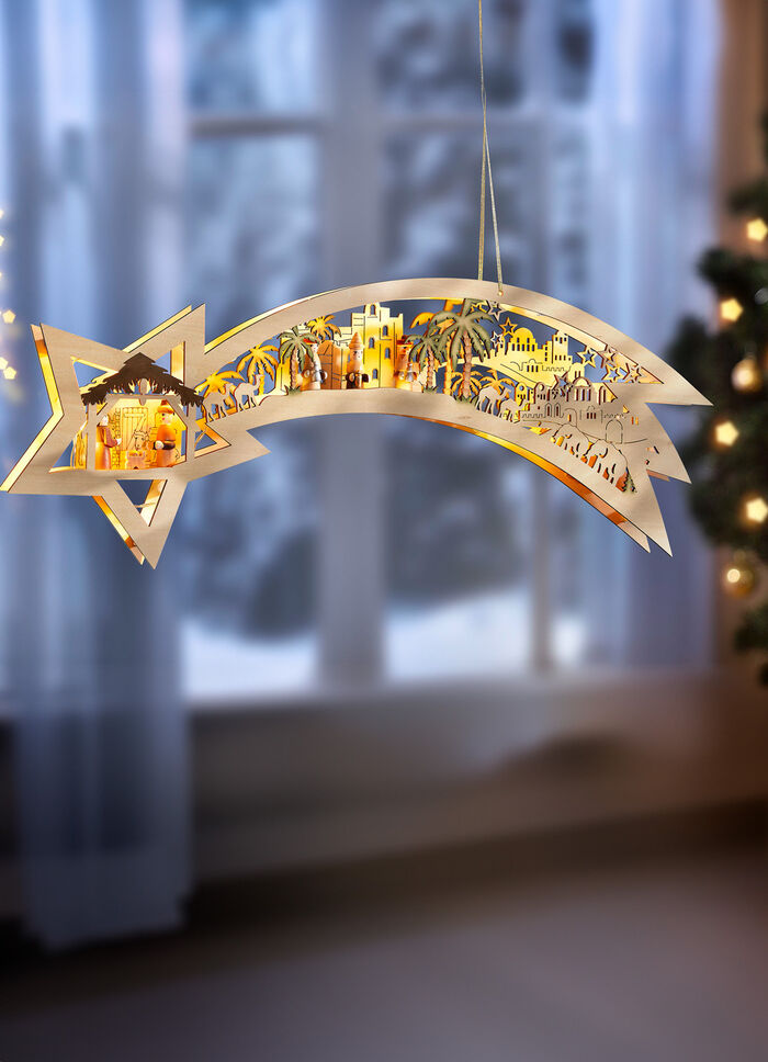 Verlichte houten vallende ster