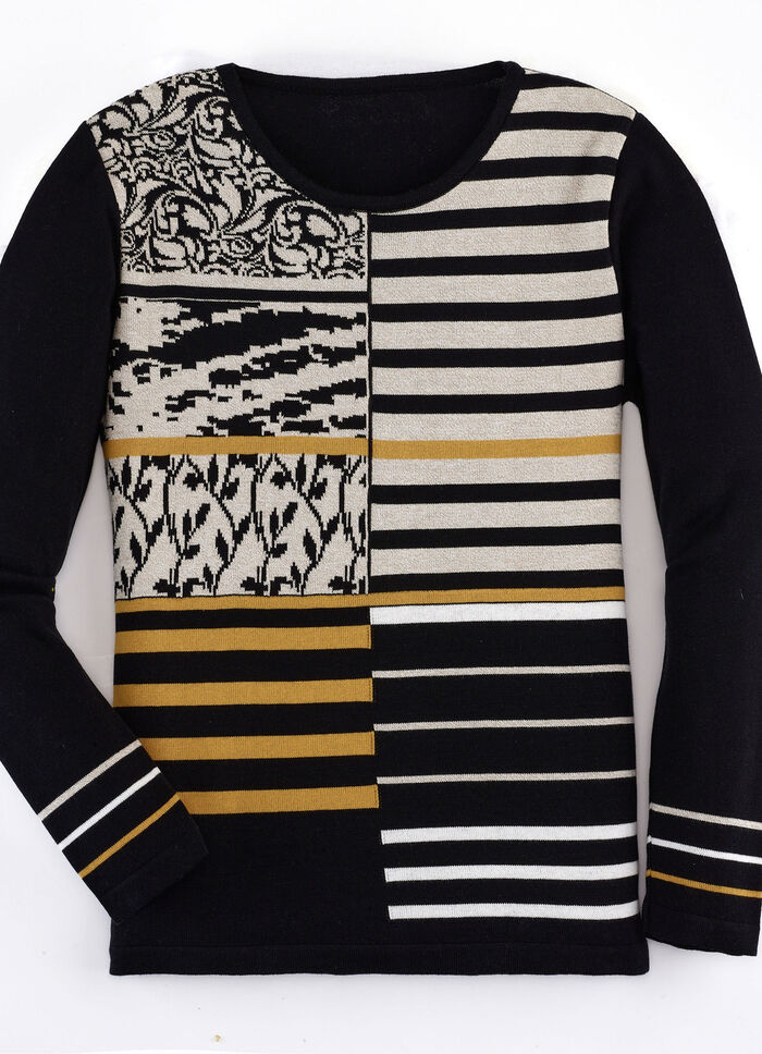 trui met intarsia ZWART EN BEIGE GEMÊLEERD MESSING