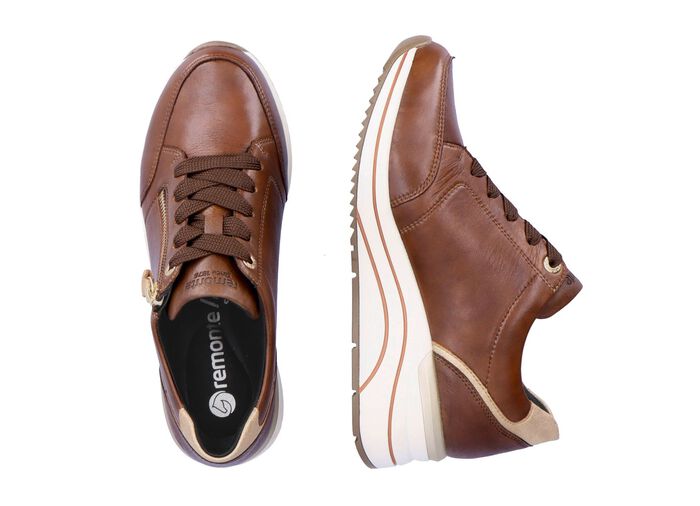 Remonte sneakers met veters en mat gouden bies BRUIN