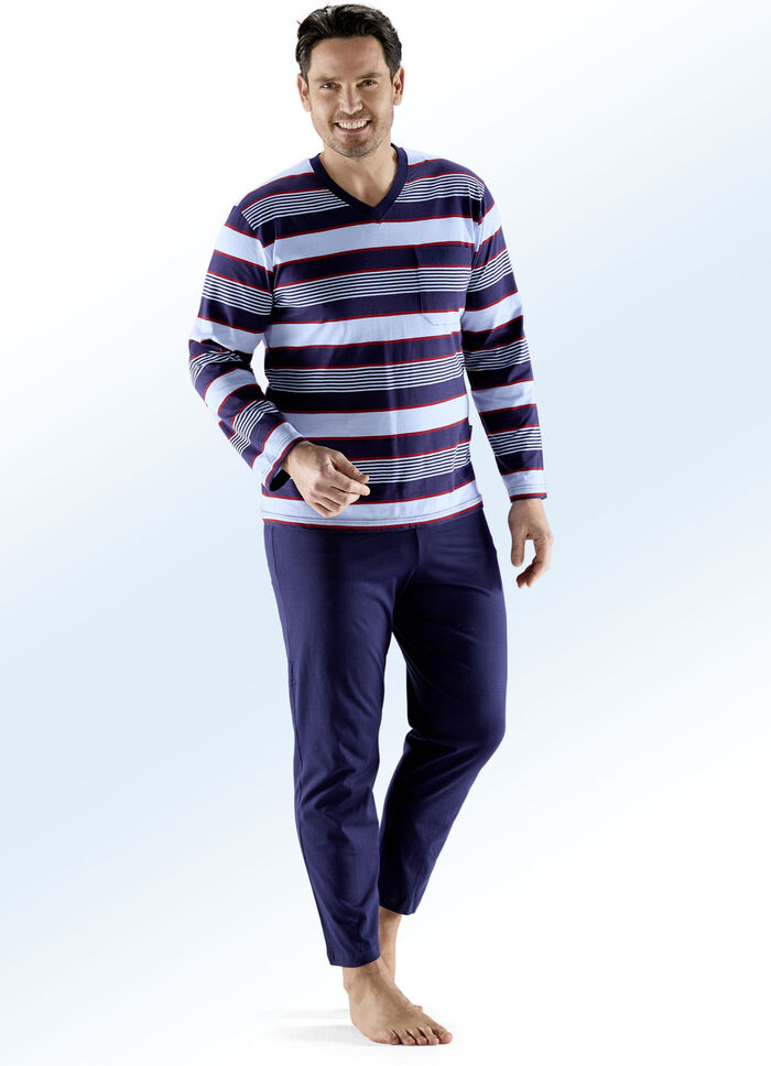 Set van twee pyjama's met V-hals, borstzak en garengeverfd gestreept dessin 