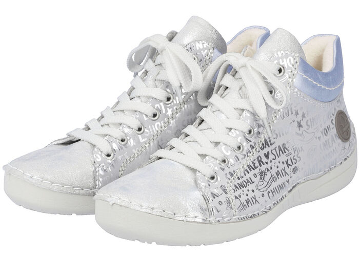 Rieker veterlaarsje van origineel bedrukt synthetisch materiaal ZILVER-GRIJS-BLAUW