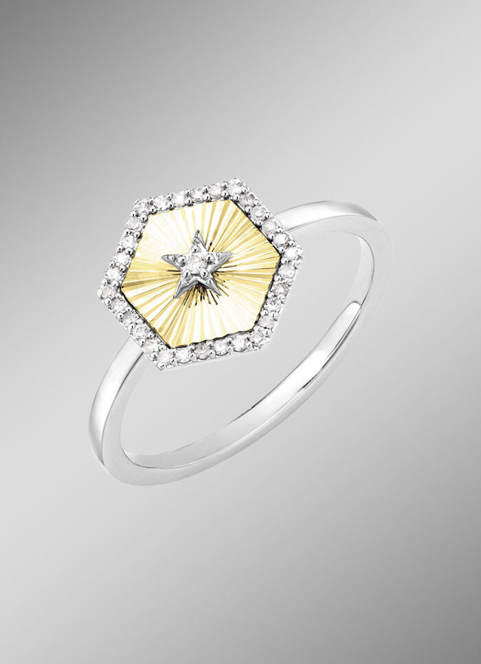 Damesring in bicolor met 1 briljant geslepen diamant en 30 diamanten 