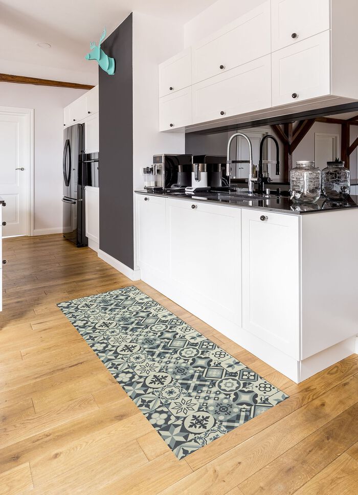 Duurzame keukenloper en vloerkleed in tegeldesign GRIJS