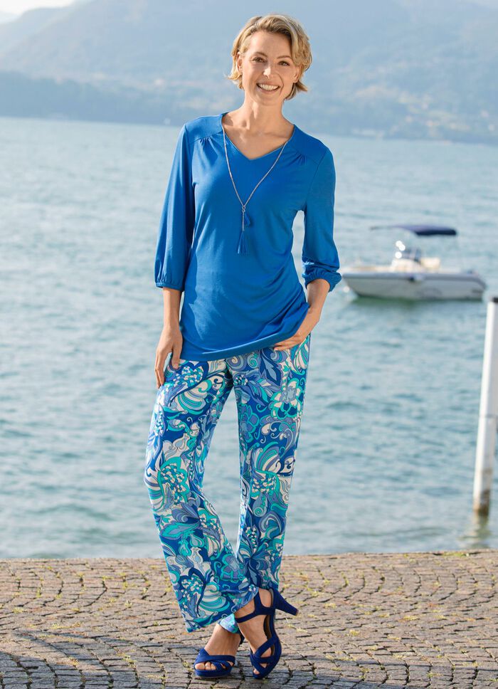 Broek met glanzende gekleurde inkjetprint 