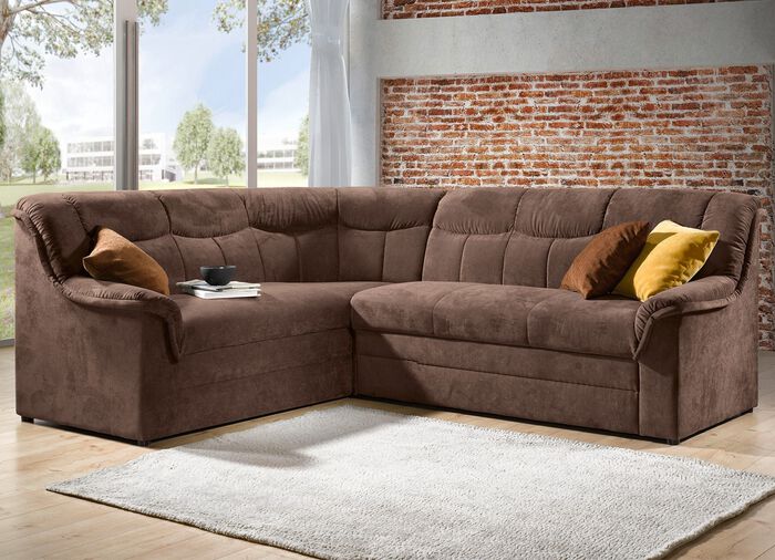 Gestoffeerde hoekbank met slaapfunctie die vrij in de ruimte geplaatst kan worden BRUIN