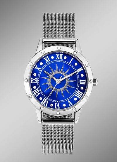 Zilverkleurig dameshorloge met zonnemotief en kristalaccenten 