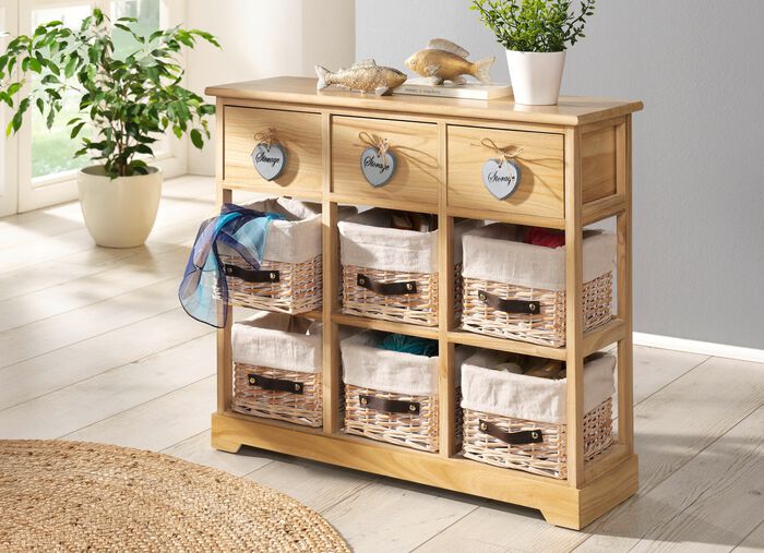 Massief houten ladekast met rieten manden NATUREL