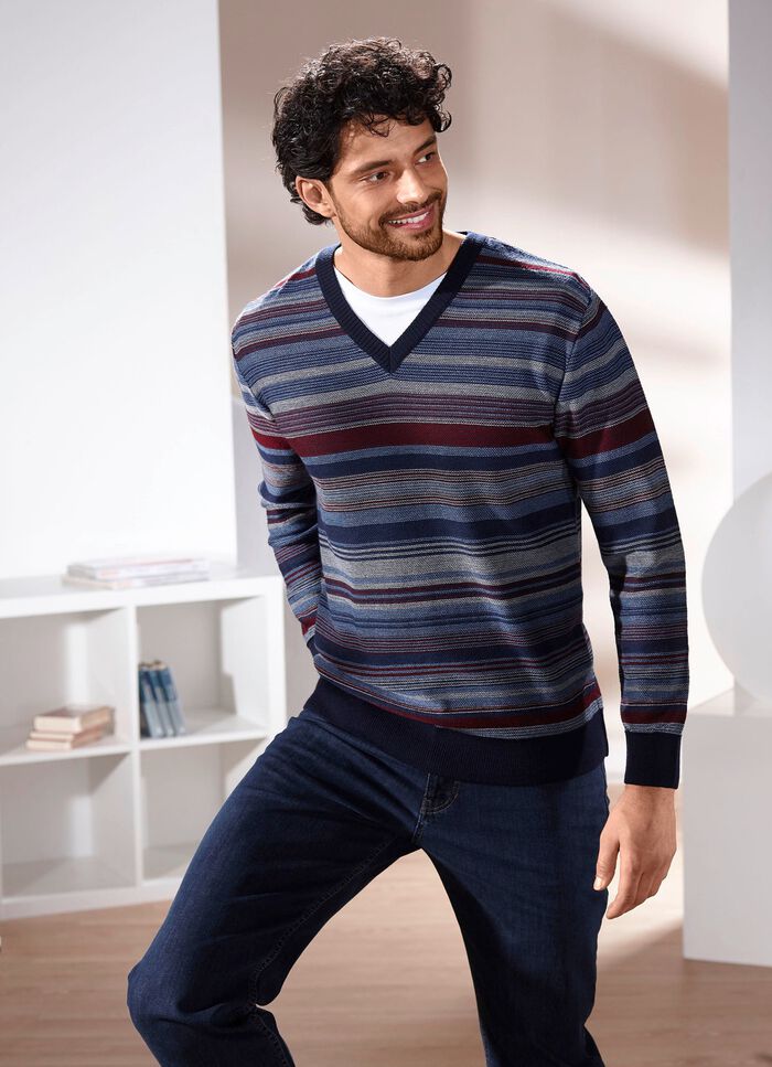 Gestreepte V-hals trui in 2 kleuren JEANSBLAUW-BORDEAUXROOD